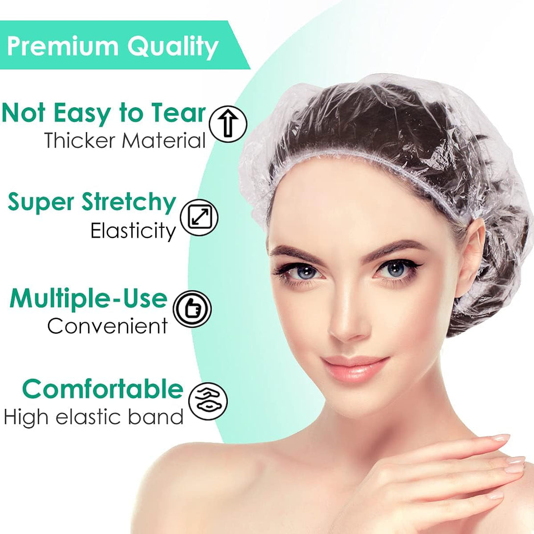 Disposable Shower Caps, Plastic Clear Hair Cap Large Thick Waterproof Bath Caps for Women, Hotel Travel Essentials Accessories Deep Conditioning Hair Care Cleaning Supplies (One Size, Count, 100)