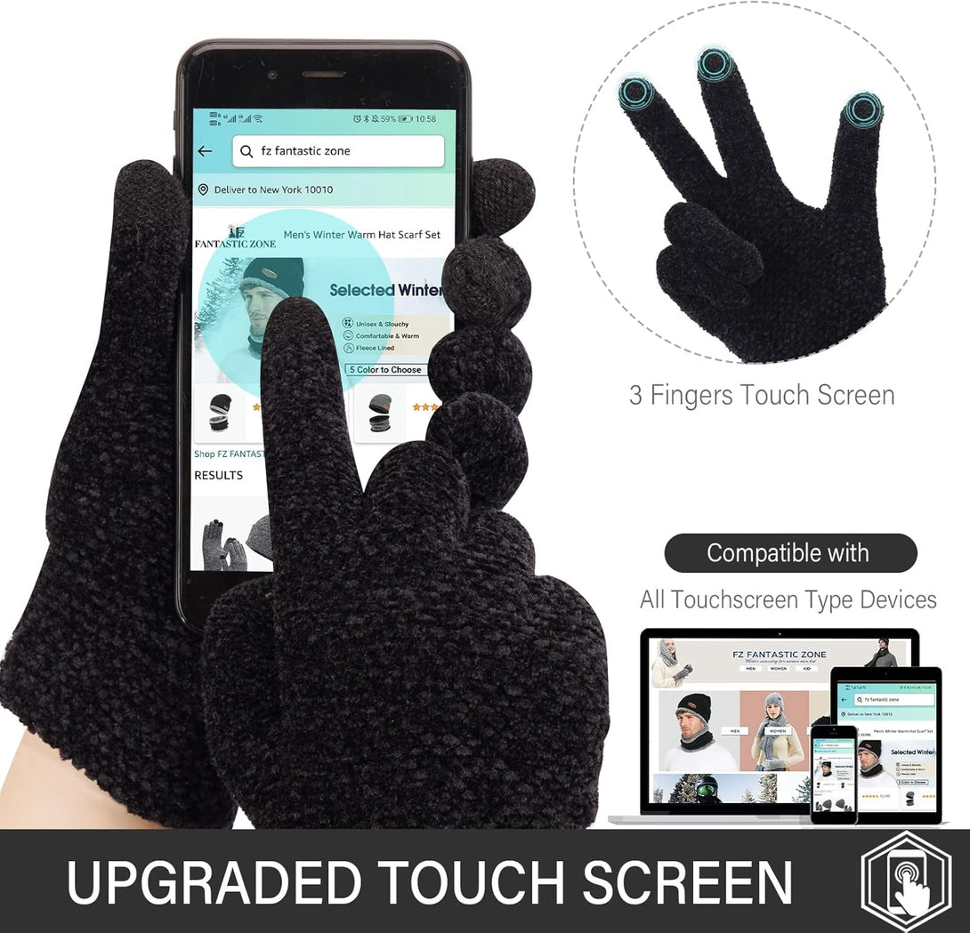 FZ FANTASTIC ZONE Womens Winter Touchscreen Gloves for Cold Weather, Chenille Warm Knit Gloves