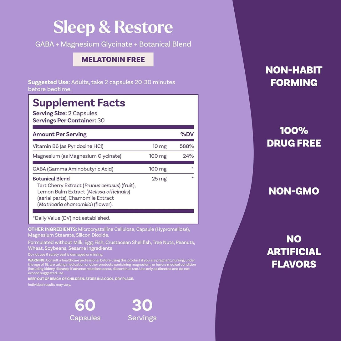 Natrol Sleep & Restore Capsules with Magnesium Glycinate 100Mg, GABA, Essential for Your Ultimate Restorative Sleep, Melatonin-Free, 30 Day Supply