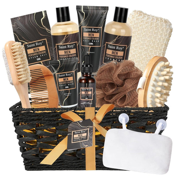 Valentines Day Gifts for Him Fathers Day Bath Perfume Gift Set for Men, 14 Pcs Spa Basket with Classic Perfume Kit, Personal Self Care Shaving Kit Relax Included Scubber, Beard Oil, Bath Pillow More