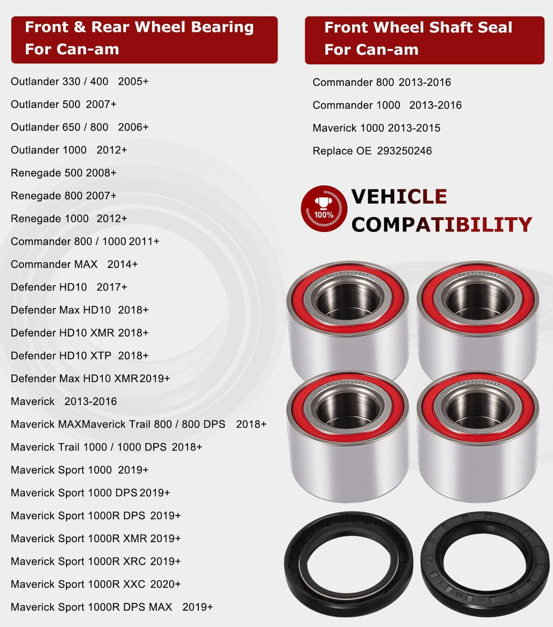 6PCS Wheel Bearings Kit & Front Wheel Shaft Seal for Can-Am Defender/Commander/Maverick/Outlander/Renegade Replaces # 293350040, 705400088, 293350118, Seal 293250246