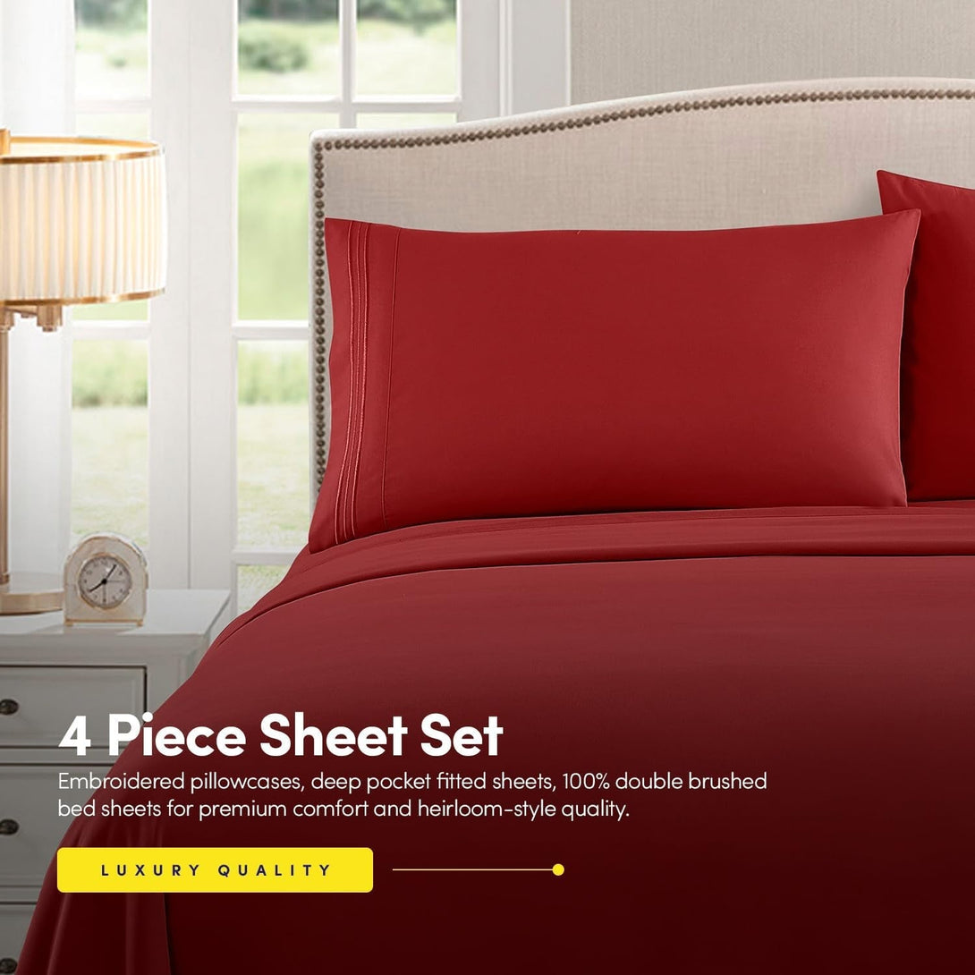 1500 Supreme Collection Bed Sheet Set - Extra Soft, Elastic Corner Straps, Deep Pockets, Wrinkle & Fade Resistant Hypoallergenic Sheets Set, Luxury Hotel Bedding, Queen, Red