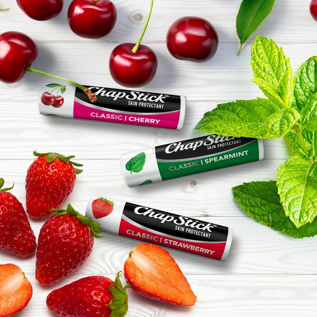 Chapstick Lip Care Set, Classic Collection 3-Pack – Spearmint, Cherry, and Strawberry Lip Balm, 0.15 Oz Ea