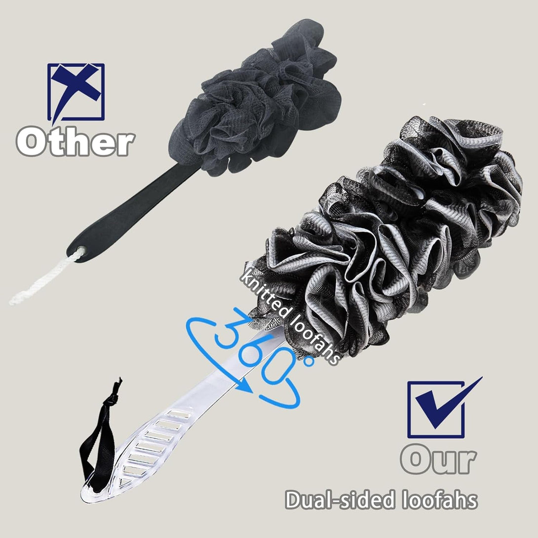 2Pack Back Scrubber for Shower, Dual-Sided Loofah on a Stick as Shower Brush Exfoliating Body with Long Handle, Loofah Sponge Mens Loofah Bathing Accessories for Women (2Pack Black)