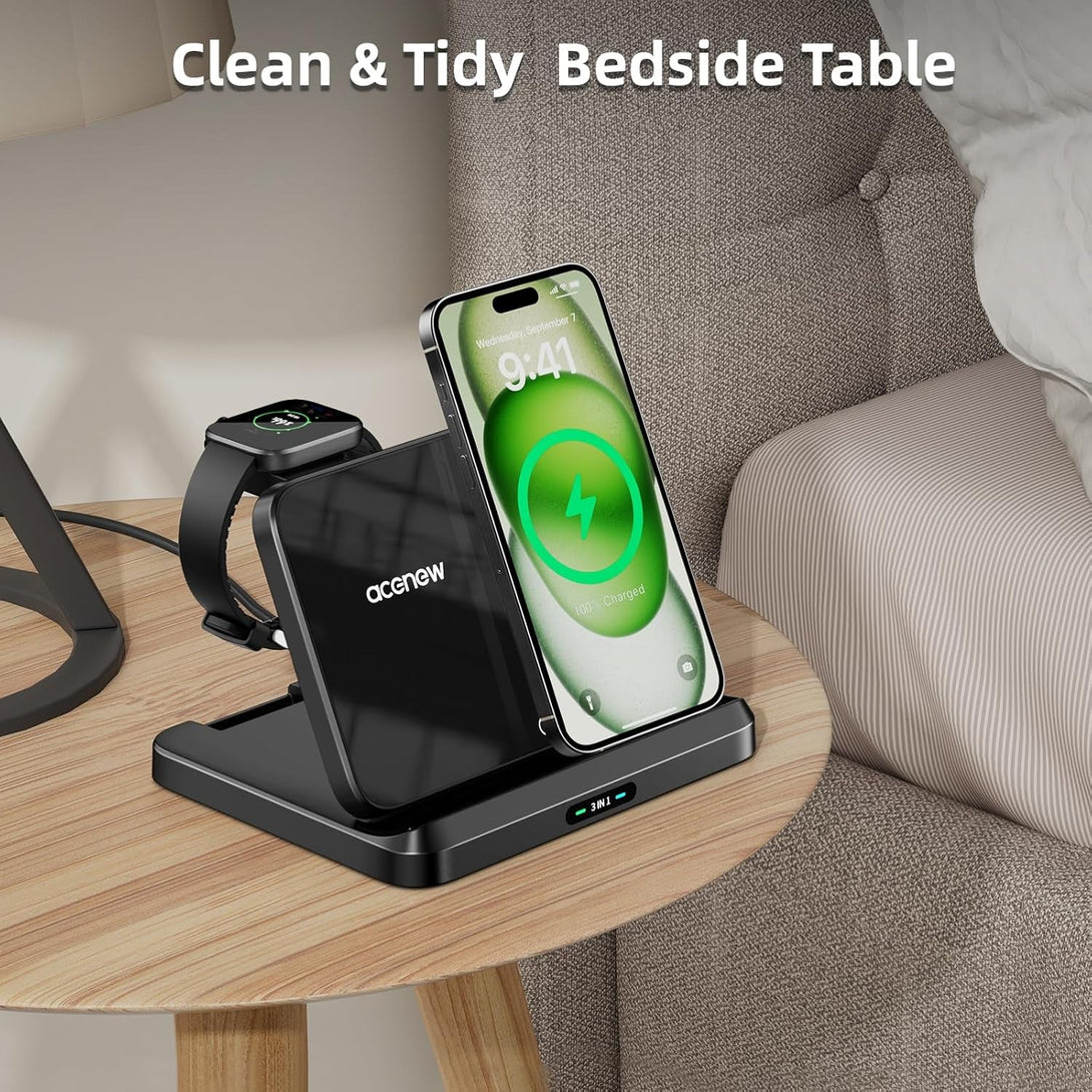 3 in 1 Wireless Charging Station for Multiple Devices Apple, Foldable Wireless Charger, Mag-Safe Charger Phone and Watch Charger, Compatible for Phone 13/14/15 Pro Max/Apple Watch/Airpods