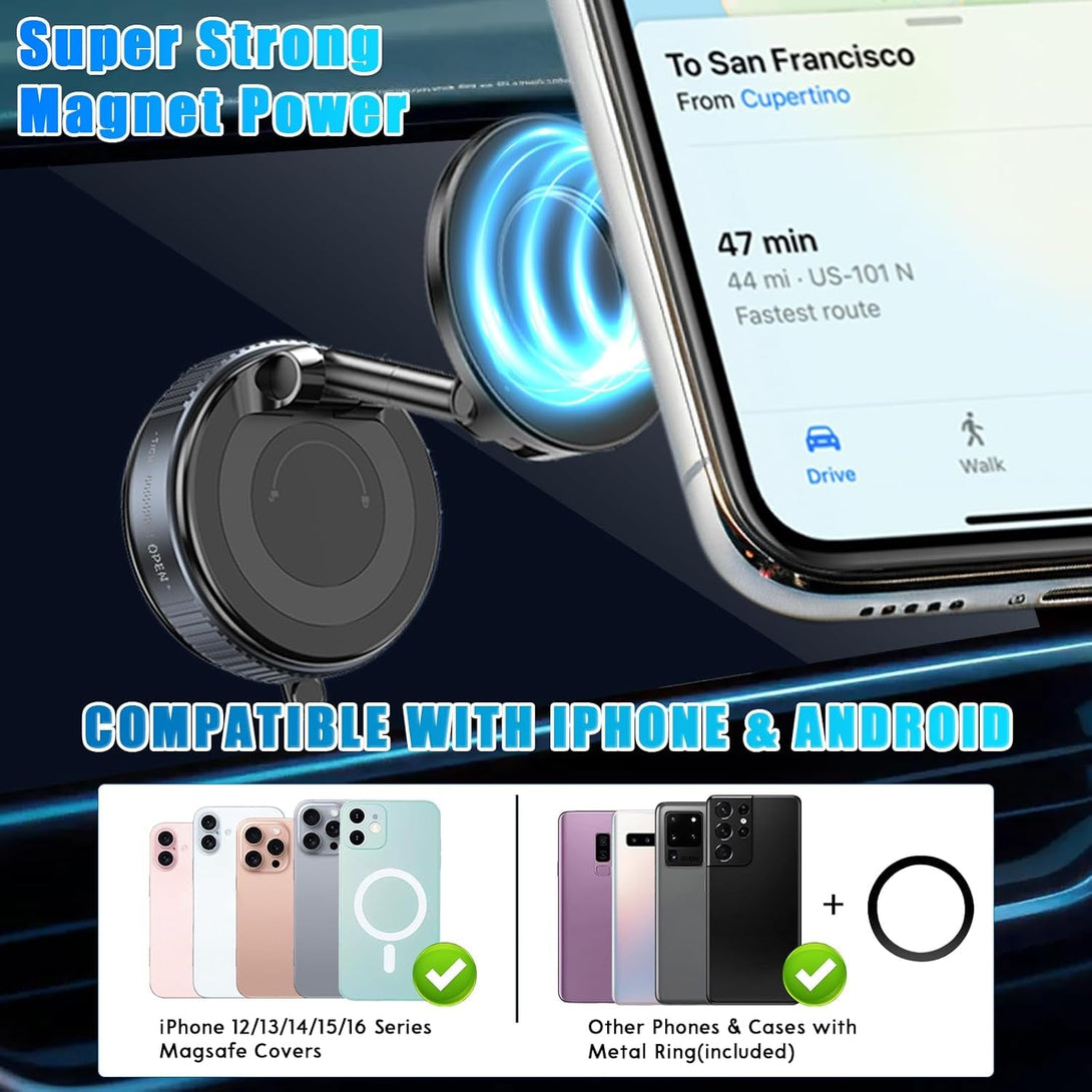 360° Vacuum Suction Cup Magnetic Phone Holder,2025 Foldable and Adjustable Magnetic Suction Phone Mount for Magsafe All Phones Universal Rotatable Cellphone Holder Stand for Car/Mirror/Smooth Surface