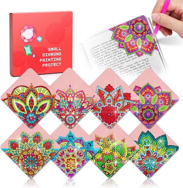 8 Pcs Diamond Art Corner Bookmarks Leather Dimond Painting Book Mark Kit for Adults Paint by Dots Bookmarkers Craft DIY Gem Small Dotz Gifts for Women Mandala Flower Pink Lotus