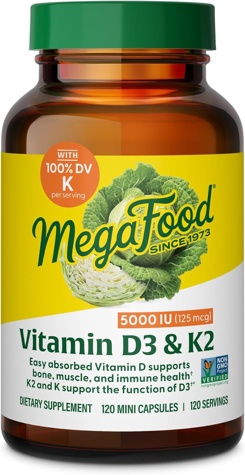 Megafood Vitamin D3 5000 IU (125 Mcg) - Vegetarian Supplements with Vitamin D3 K2 - Supports Bones, Teeth, Muscles & Immune Health - Certified Non-Gmo - 120 Mini Capsules, 120 Servings
