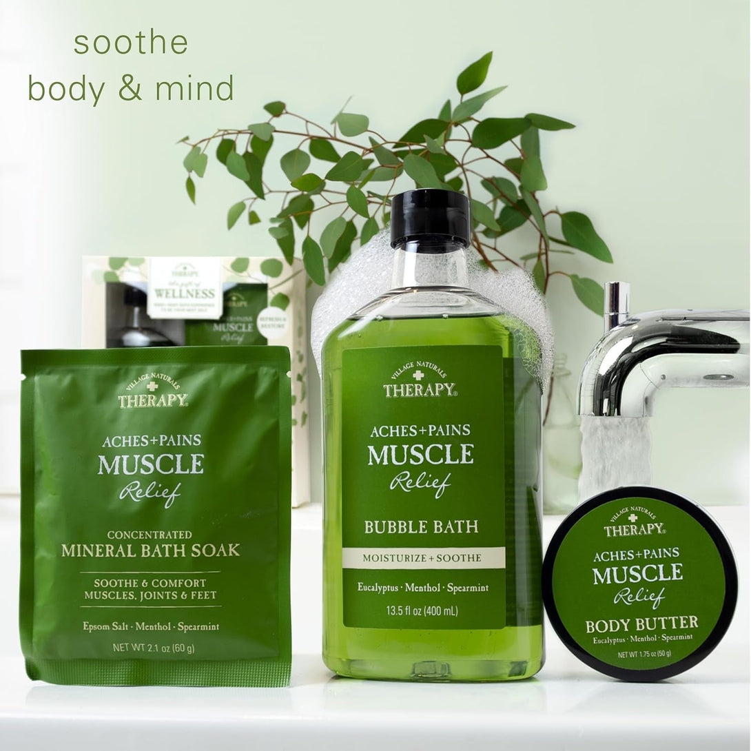 Village Naturals Therapy 3-Piece Relaxing Muscle Wellness Spa Gift Set, Eucalyptus Mint Scent