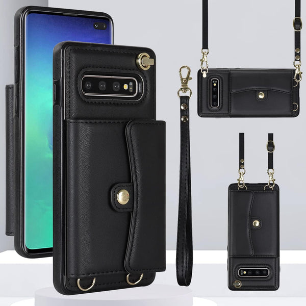 Asuwish Phone Case for Samsung Galaxy S10 plus Wallet Cover with RFID Blocking Credit Card Holder Wrist Crossbody Strap Lanyard Stand Cell Accessories S10+ S10Plus 10S Edge S 10 10Plus Women Men Black