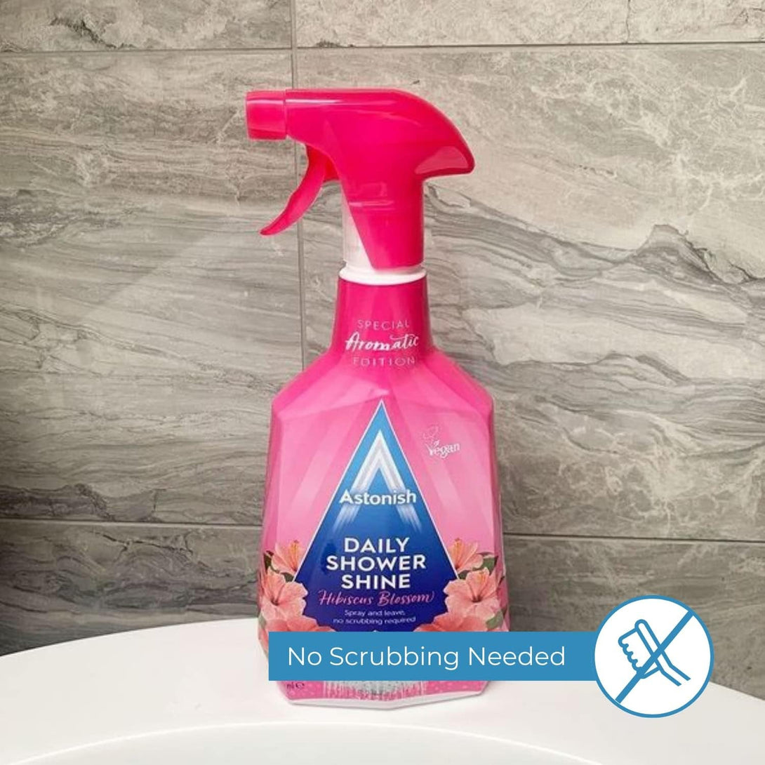 Astonish Daily Bathroom Shower Shine Cleaning Spray - Hibiscus Blossom Limescale Remover Shower Spray Prevents Watermarks from Hard Water - Health & Household Multi Purpose Cleaner 750Ml Spray Bottle