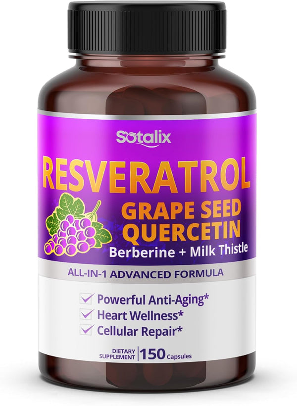 Resveratrol with Grape Seed + Quercetin Berberine + Milk Thistle Powerful Anti-Aging - USA Made & Tested (150-Day Supply (Pack of 1))