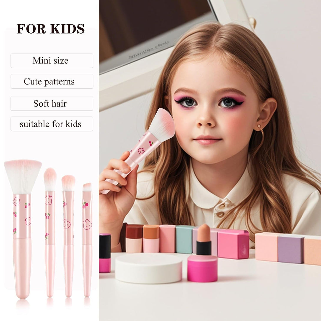 5Pcs Pink Printed Travel Makeup Brushes with Bag and 5Pcs Finger Puff Cosmetic Tool Kit Soft Synthetic Fiber for Foundation, Powder, Brush, Eye Shadow, Eyebrow Powder Gift for Women/Girls/Kids