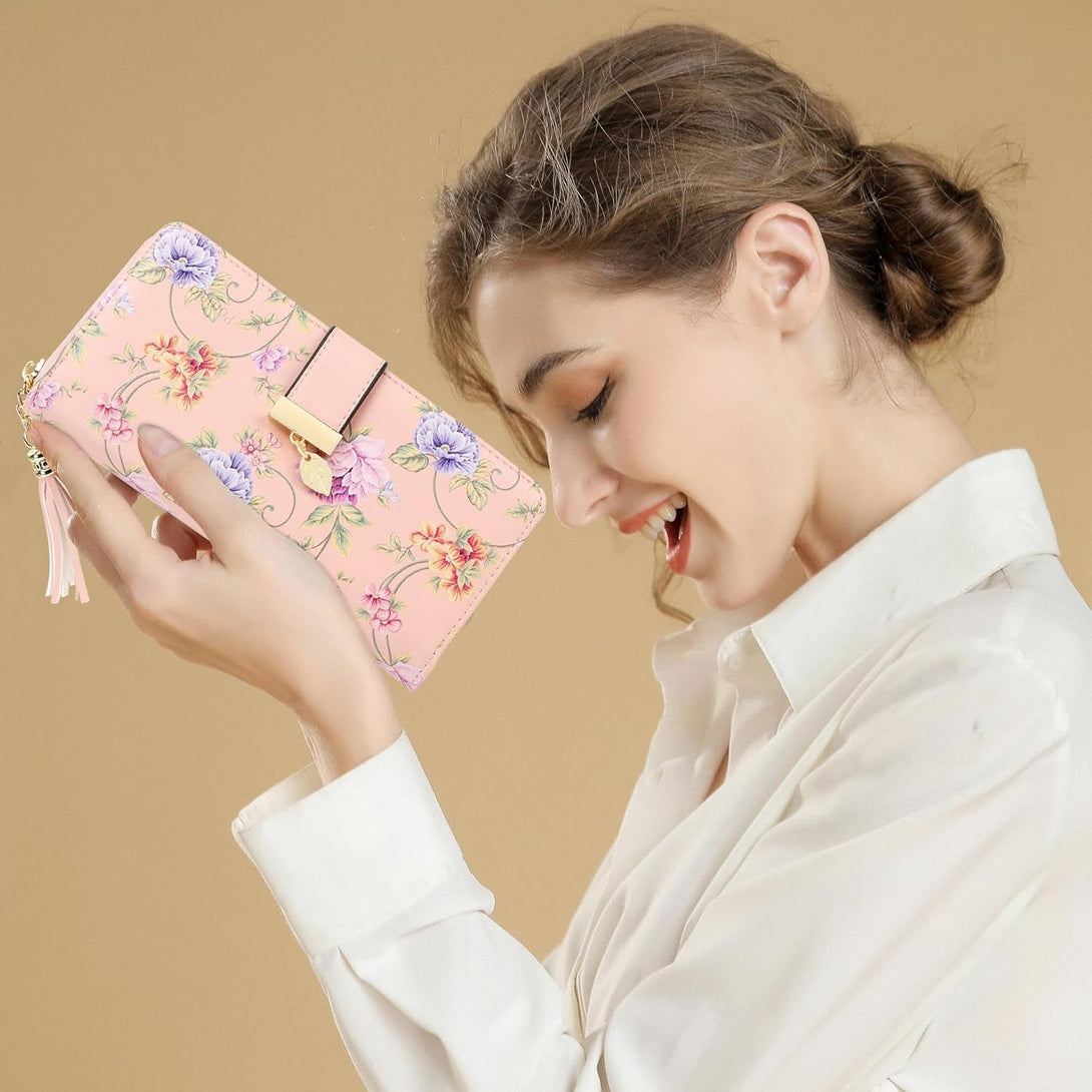 RFID Wallets for Women with Multiple Card Slots and Cellphone Compartment, Womens Wallet(Pink Rattan)