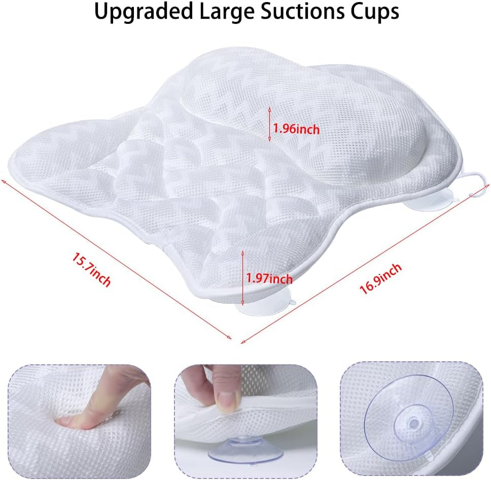 Bath Pillow, Tub Pillow for Bathtub Support Neck,Head and Back with Strong Non-Slip Suction Cups and Comfortabl 3D Airmesh Bath Pillow for Men and Women