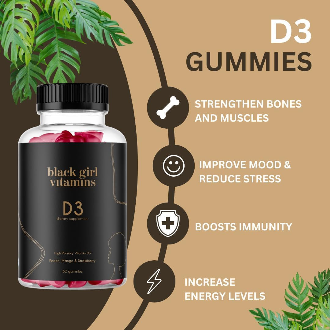 Black Girl Vitamins - Vitamin D3 Gummies, for Immune, Energy, and Bone Support, 2000IU (50Mcg) Vitamin D per Serving, Gluten-Free Vitamin D Gummies (Multi-Flavored), 60Ct
