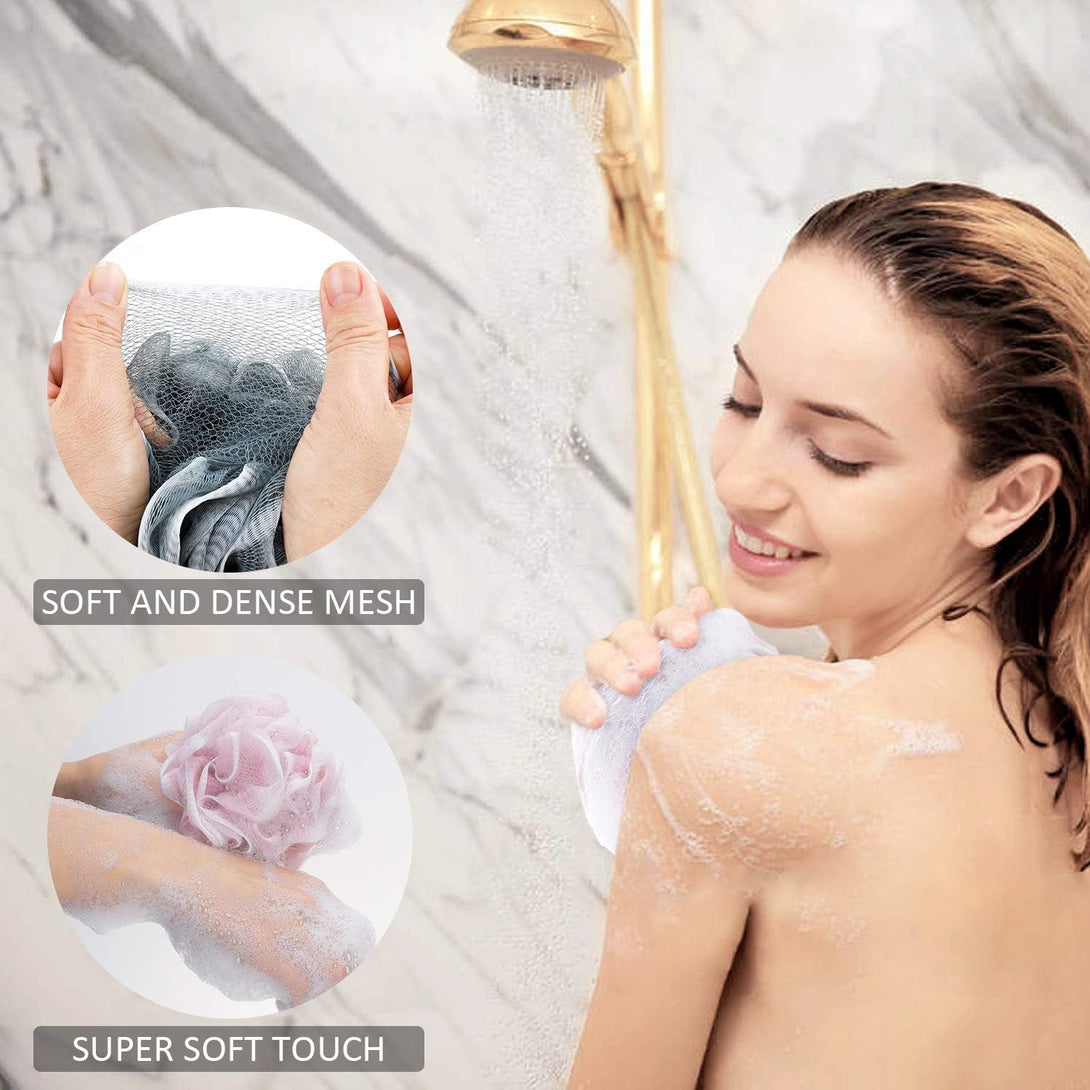 Loofah Bath Sponge Luffa Loofa Body Scrubber Soft Mesh Pouf Wash Puff Shower Puff Shower Ball Exfoliating Shower Sponge Pack of 4 (60G/Pcs)