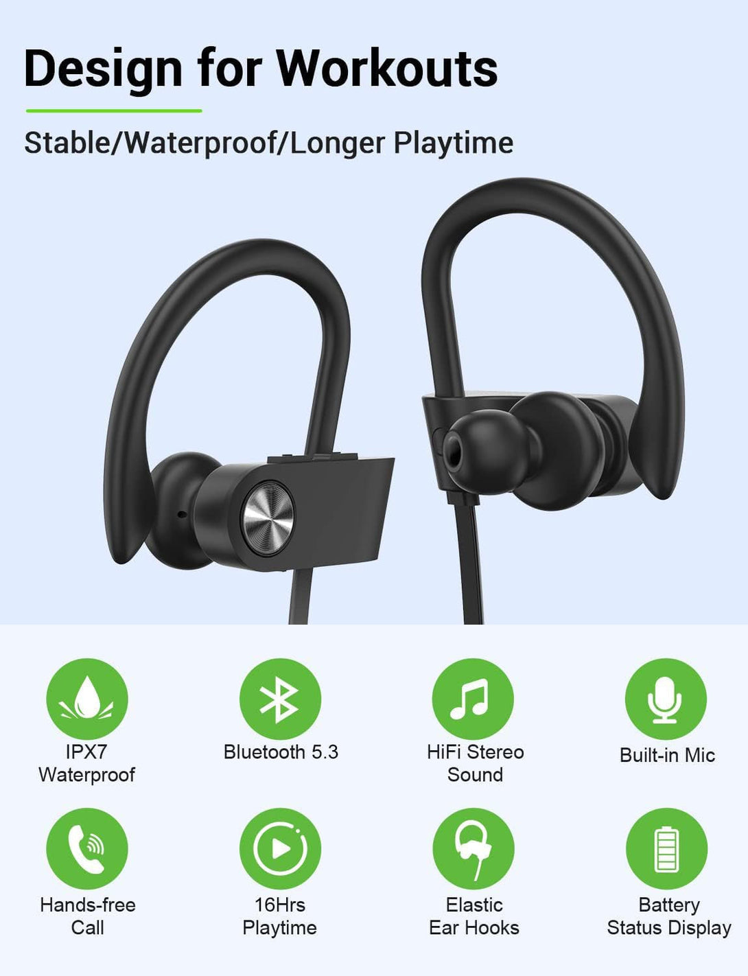 Stiive Bluetooth Headphones, 5.3 Wireless Sports Earbuds IPX7 Waterproof with Mic, Stereo Sweatproof In-Ear Earphones, Noise Cancelling Headsets for Gym Running Workout, 16 Hours Playtime - Blackgrey