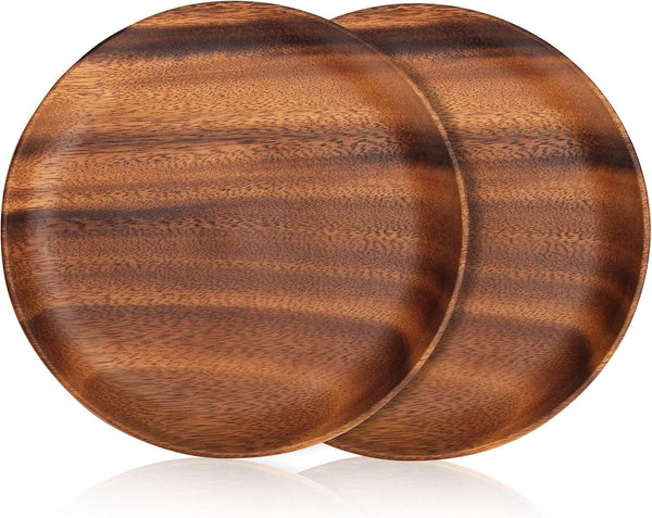 2 Pcs 10 Inch Acacia Wood Dinner Plates for Eating Wooden round Charcuterie Boards Serving Platters for Food Dishes Cheese Tray Dessert Salad Plate Wood Charger Plates