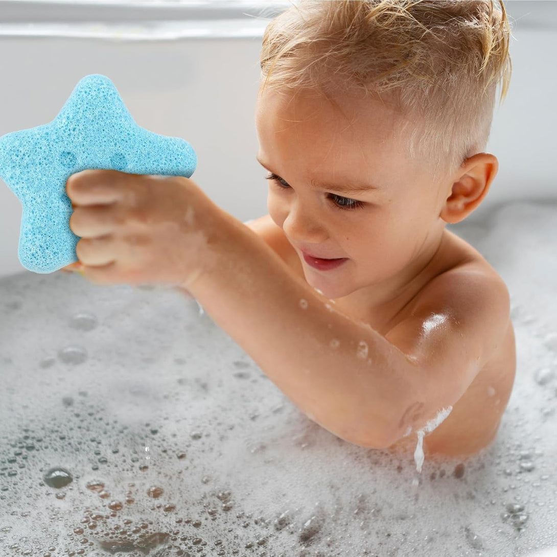 4 Pcs Bath Sponges, Natural Soft Cute Shapes Safe Foam Loofah Plant-Based Lots of Lather Stars Cheese Shape Heart Large Size Shower Body Sponges for Oily Dry Combination Skin Bathing