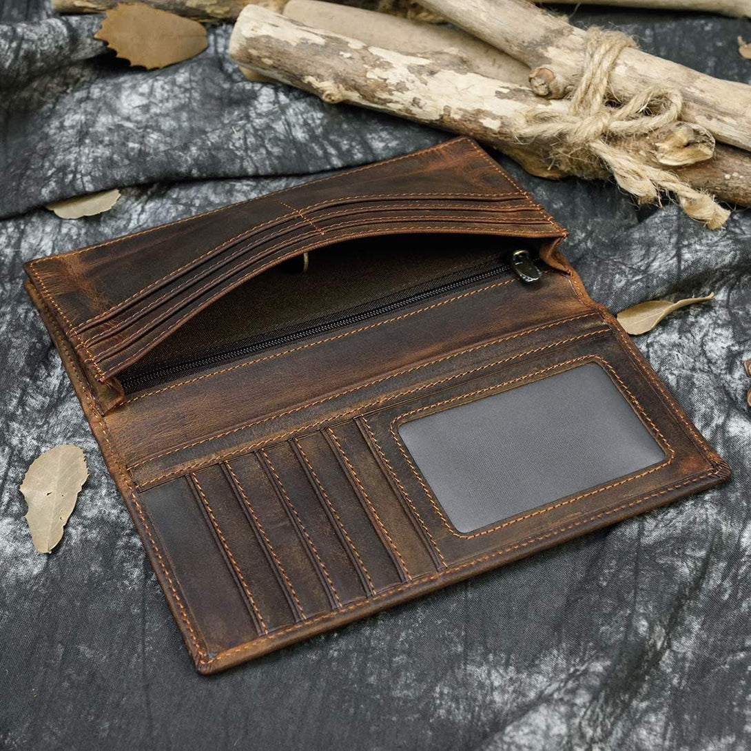Genuine Leather Long Wallet for Men, Large Capacity Purse Clutch Bag Handbag Checkbook Cash Credit Cards Phone Holder