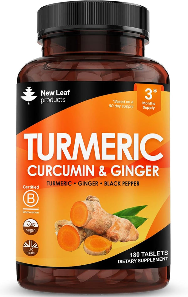 Turmeric Tablets with Black Pepper & Ginger - Curcumin - 180 Turmeric and Black Pepper Tablets (3 Month) High Strength Active Turmeric Supplements Not Capsules, by New Leaf