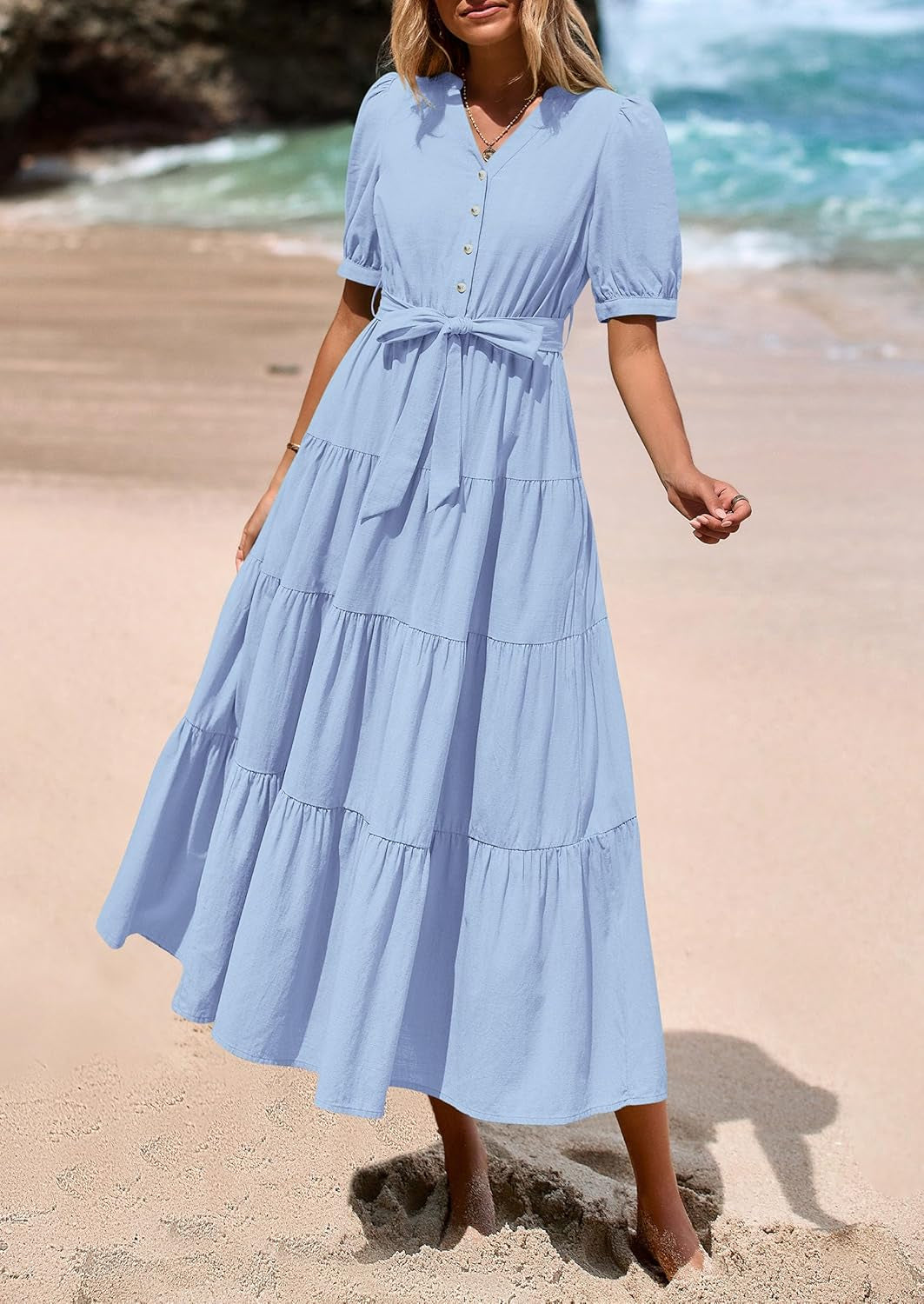 PRETTYGARDEN Women'S Midi Dress 2025 Summer Casual Short Sleeve V Neck Buttons Belted Ruffle a Line Flowy Dress with Pockets