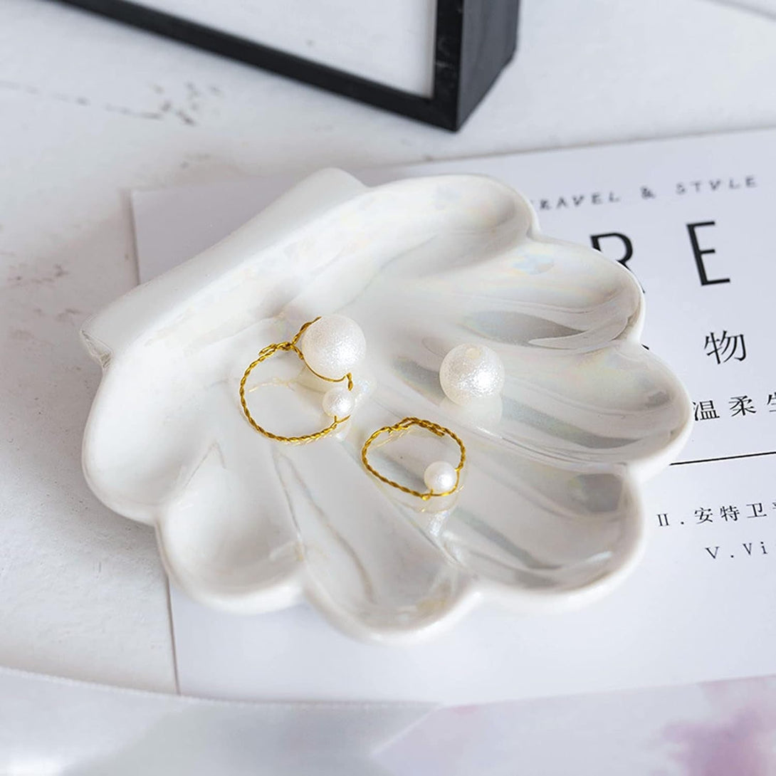Shell Trinket Dish, Ceramic Ring Holder/Jewelry Tray, Cute Organizer Plate Vanity Decorations Accessories for Home Décor Bathroom