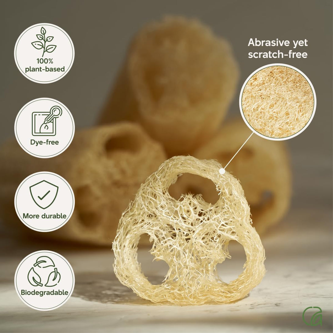 Chill Ah Green Glow Natural Loofah Sponge Set – 100% Plant-Based, Dye-Free, Biodegradable, Scratch-Free, Handcrafted in Vietnam (4-Pack)