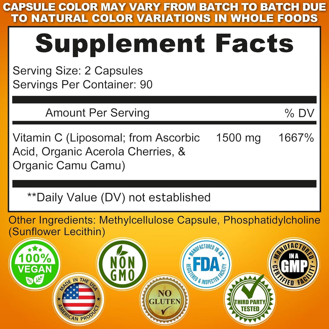 Liposomal Vitamin C Capsules - 1500Mg - Made with Organic Acerola Cherries & Camu Camu, High Potency Vitamin C Liposomal - Immune Support Supplement, Enhanced Absorption & Bioavailability - 180 Count