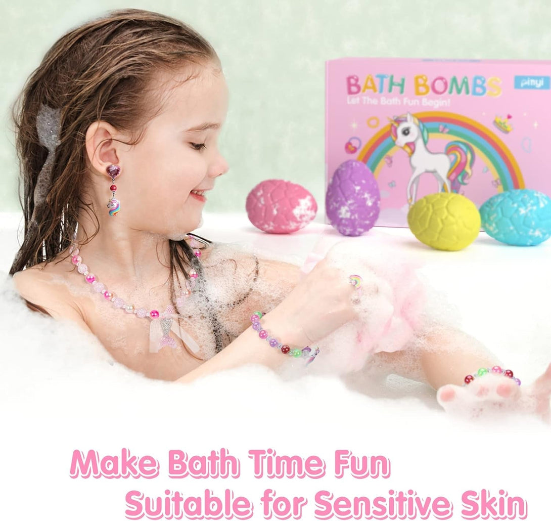 Kids Bath Bombs for Girls with Toys Inside, 12+1 Pack Unicorn Bath Bombs with Surprise Jewelry for Kids, Princess Girls Bathbombs with Mermaid Necklace 3 4 Year Old Girl Birthday Easter Gifts