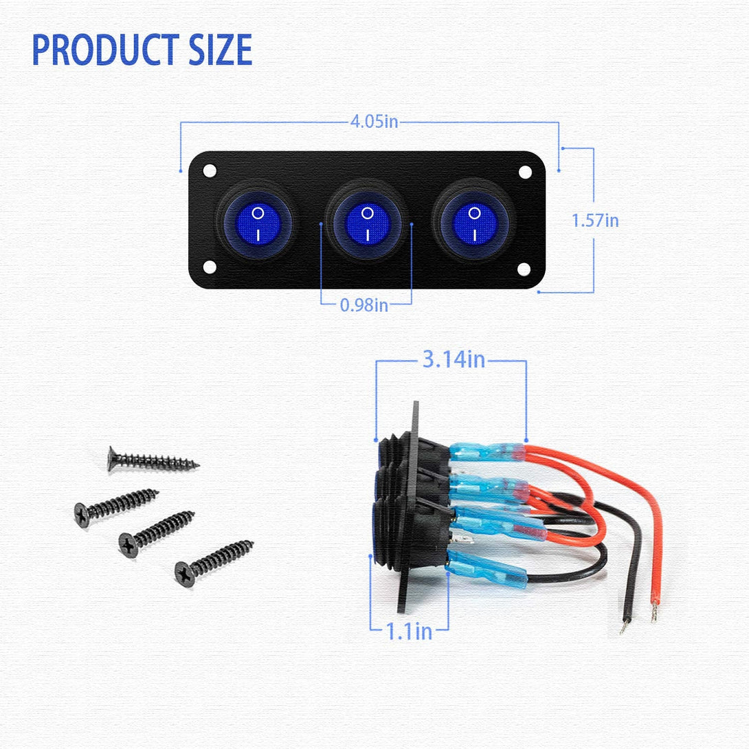 3 Gang 12V 20 Amp Toggle Rocker Switch Panel LED Breaker Waterproof Widely Fits for Auto Automotive Lights Car Marine Boat Yacht, Trailer, Caravan, Camper, Bus, Tractor, Jeep, Truck Vehicles & More