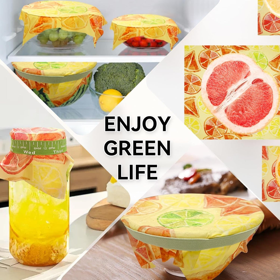 Beeswax Food Wraps Reusable 6-Pack - 3 Sizes + Elastic Storage Wraps for Containers | Reusable Beeswax Bowl Covers & Stretchable Food Wrap | Plastic-Free Storage for Sandwiches, Leftovers, Mason Jars
