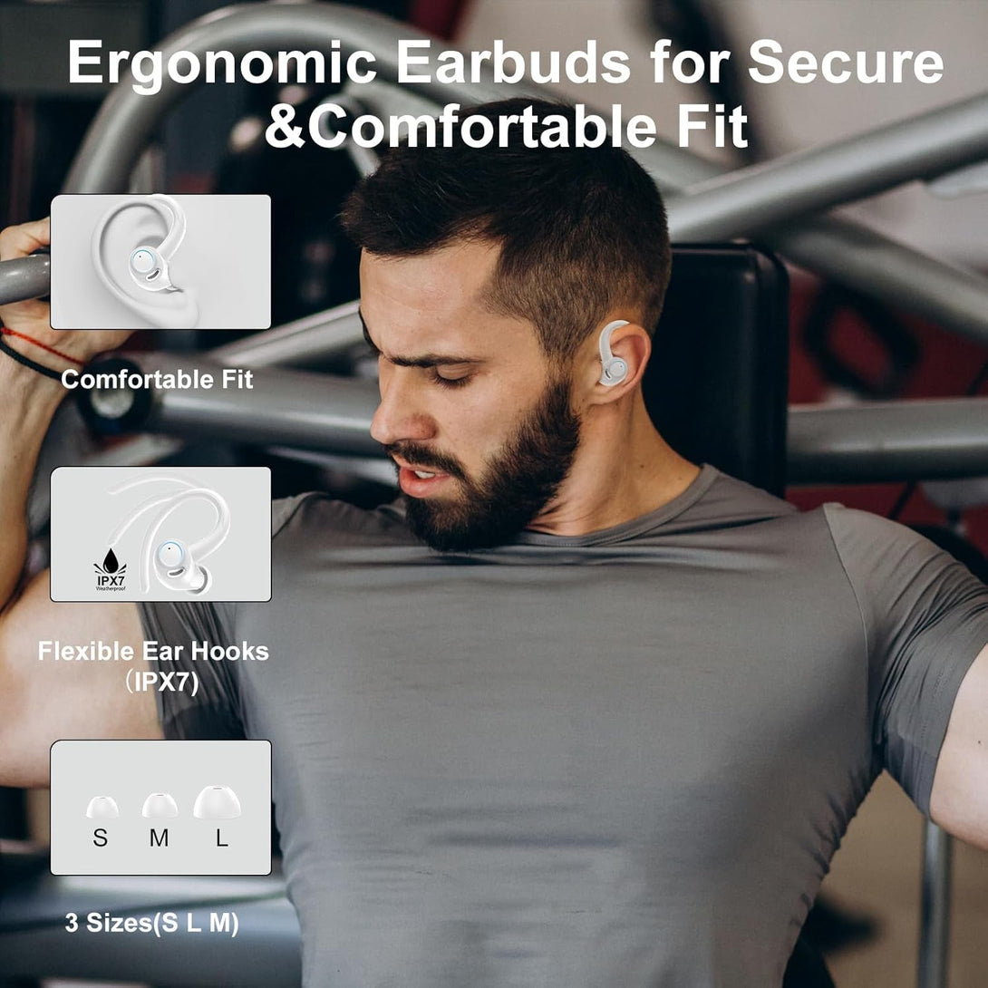 Headphones Wireless Earbuds Sport, Bluetooth 5.3 over Ear Buds Stereo Deep Bass Headset with Earhooks, 48H Wireless Earphones with HD Mic, IP7 Waterproof Earbud for Sports/Running/Workout White
