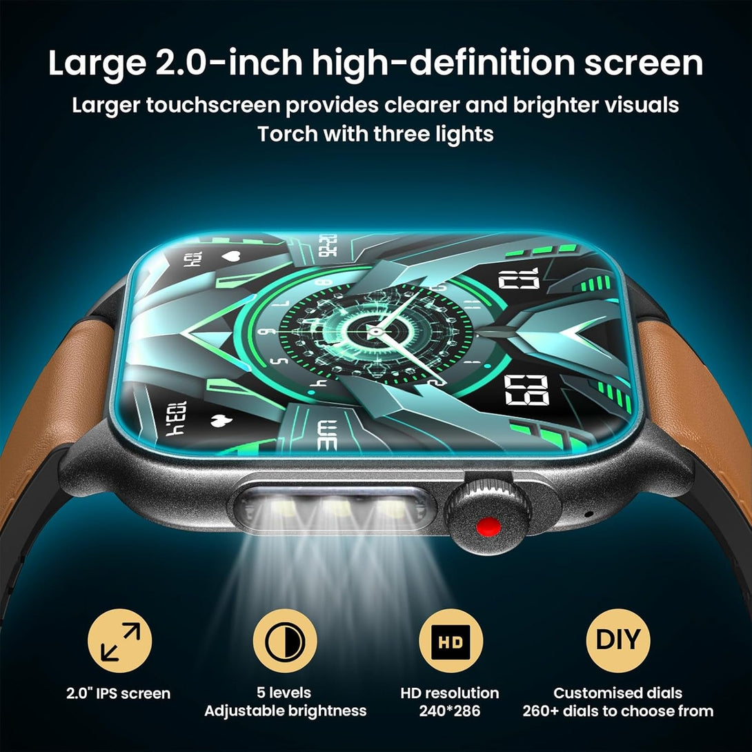 Smart Watch for Men Fitness Tracker: 1.96" Military Smartwatches with Bluetooth Call Three Lights Flashlight Watch Compatible Android Ios Phone 100+ Outdoor Sports Modes Pedometer Heart Rate Monitor