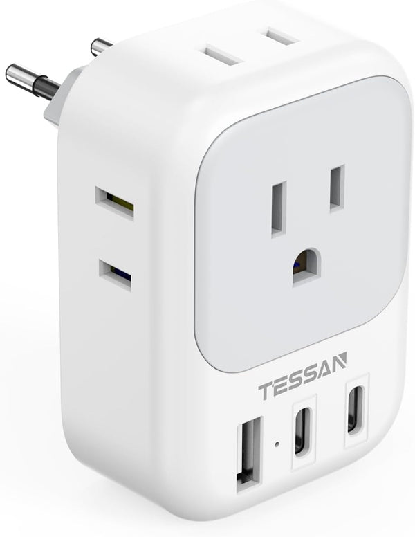 European Travel Plug Adapter, TESSAN Type C Power Adaptor with 4 AC Outlets 3 USB Ports (2 USB C), Europe Outlet Adapter for USA to EU Euro International Italy Iceland Spain France Greece Germany