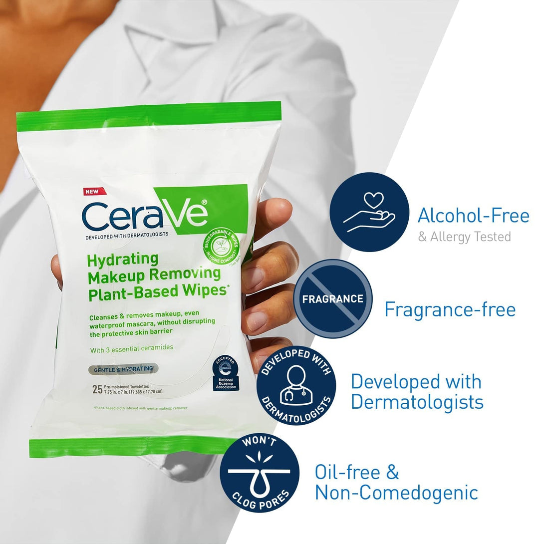 Cerave Hydrating Facial Cleansing Makeup Remover Wipes, Plant Based Face Wipes, Biodegradable in Home Compost, Face Wash Cloth, Suitable for Sensitive Skin, Fragrance-Free Non-Comedogenic, 25 Count