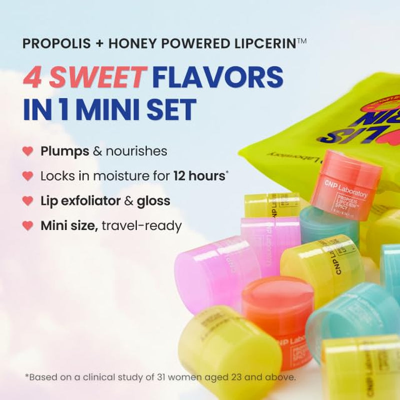 CNP Honey Lip Butter Mini Set – Propolis Lipcerin™ Travel-Size (4 Flavors), Hydrating Overnight Manuka Lip Balm & Mask, 12Hrs Long-Lasting Moisture, Gifts for Women, Korean Skincare
