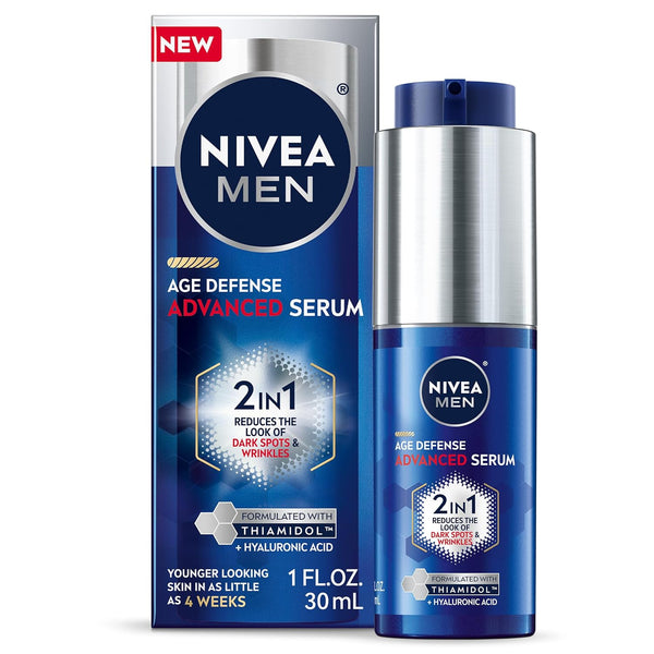 NIVEA MEN Age Defense Advanced Face Serum for Dark Spots with Thiamidol (TM) + Hyaluronic Acid, Skin Care Gifts for Dad, Helps Reduce Look of Dark Spots, Fine Lines & Wrinkles, 1 Fl Oz Bottle
