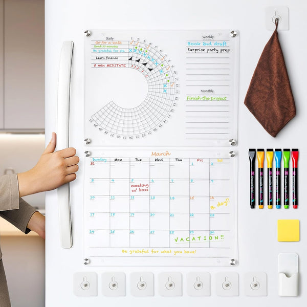 Acrylic Calendar and Habit Tracker Set - Clear Magnetic Calendar for Fridge - Clear Magnetic Planner for Refrigerator - Acrylic Dry Erase Board for Wall with Pens, Holder, Eraser - the Goal Tracker