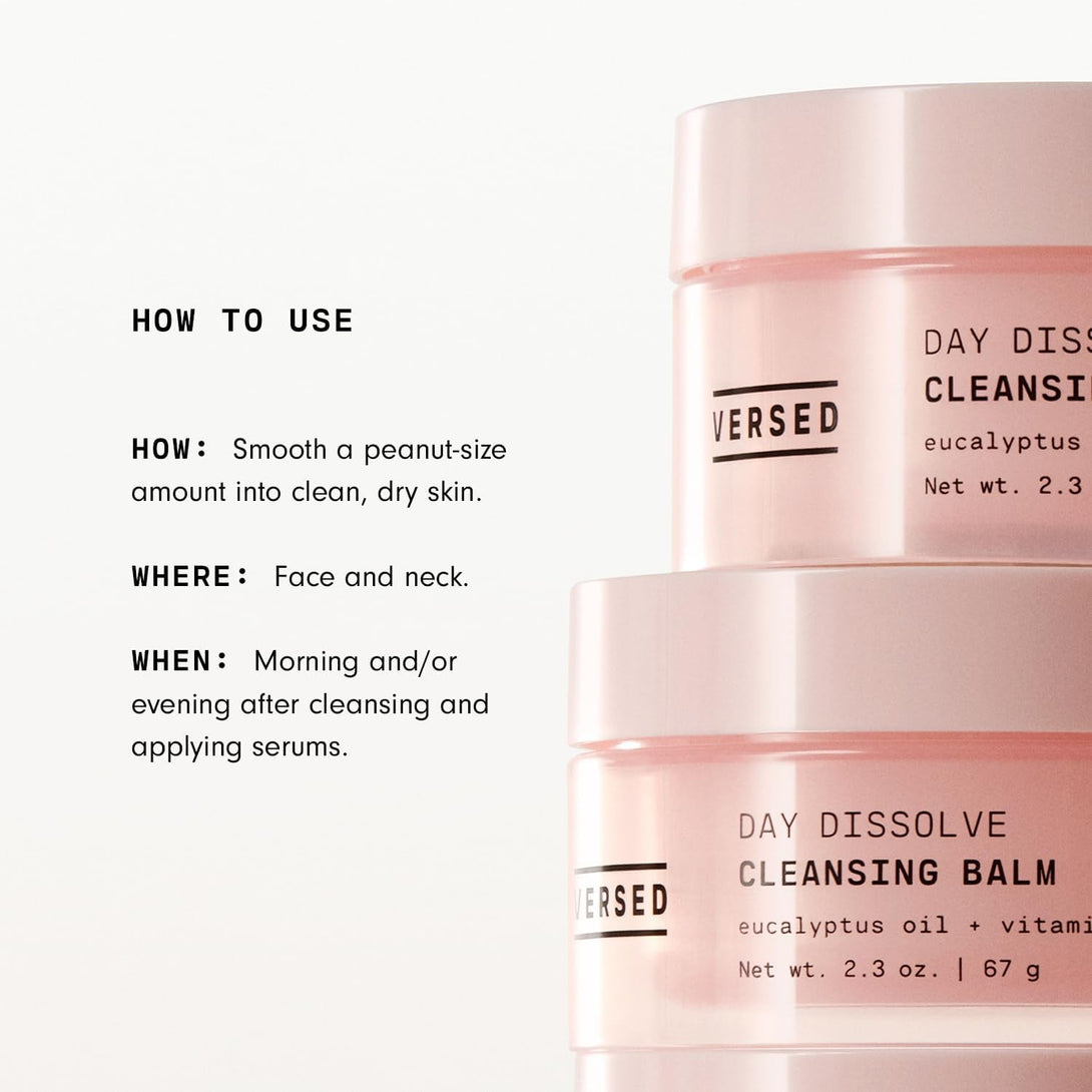Versed Day Dissolve Cleansing Balm - Makeup Melting Balm Infused with Vitamin E + Eucalyptus Oil to Calm Skin - Oil Based Double Cleanser with Avocado + Jojoba (2.3 Oz)