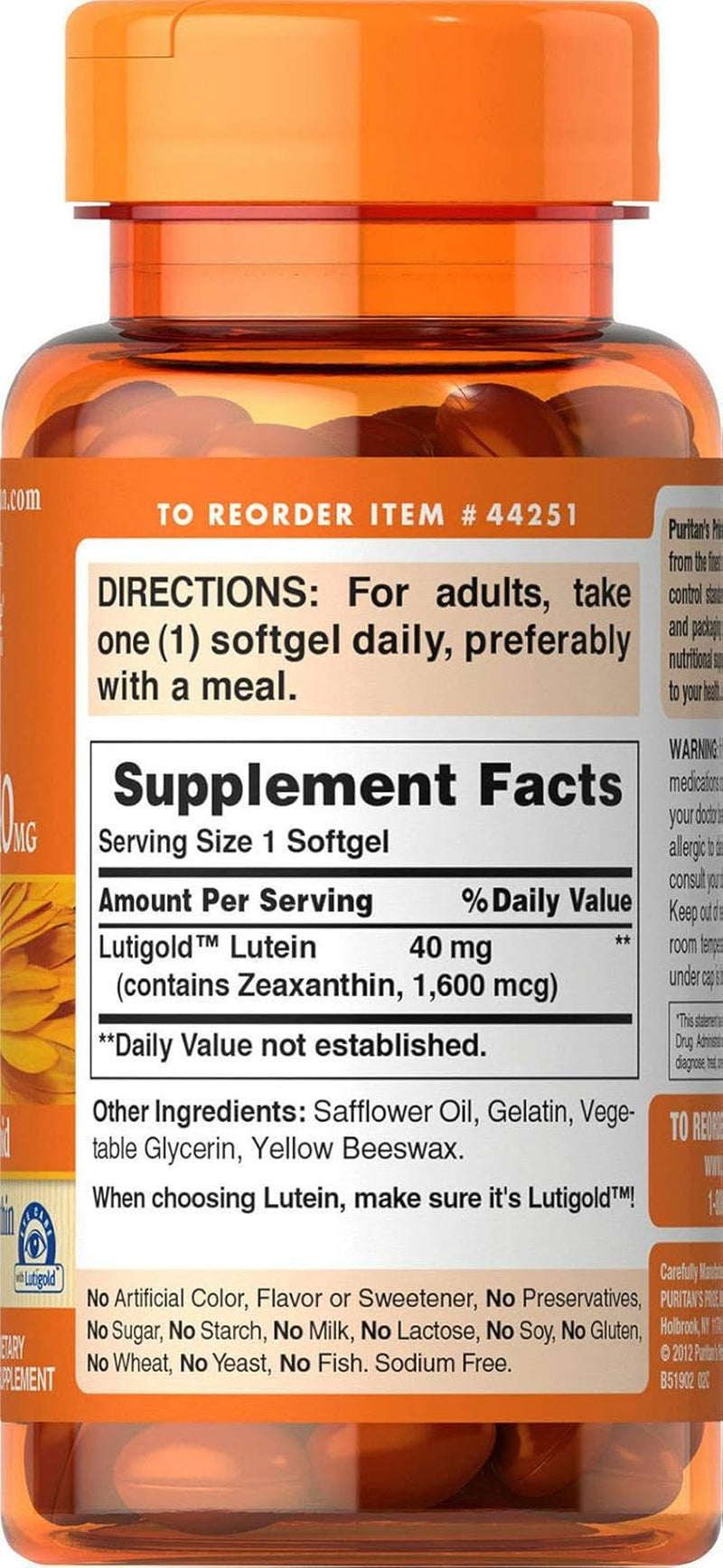 Puritan'S Lutigold Lutein 40Mg Zeaxanthin 1600 Mcg 60 Softgels Free USA Shipping