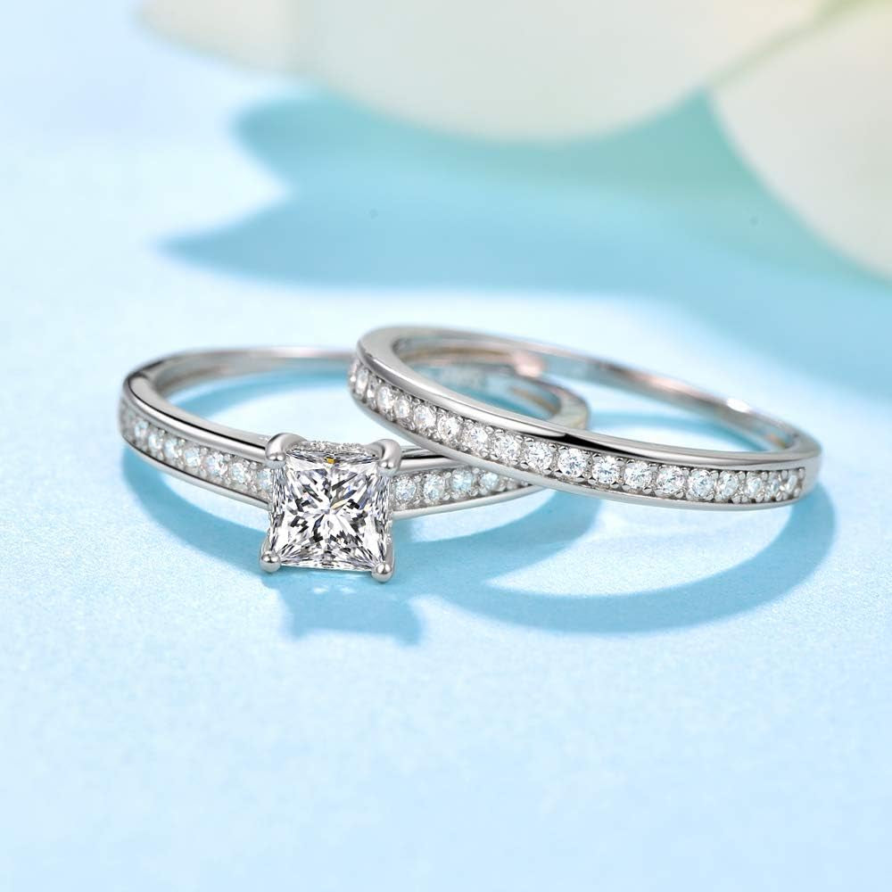 1.35Ct Princess Cut Engagement Ring 925 Sterling Silver Wedding Band Set for Women Cubic Zirconia Bridal Sets Size 5-10
