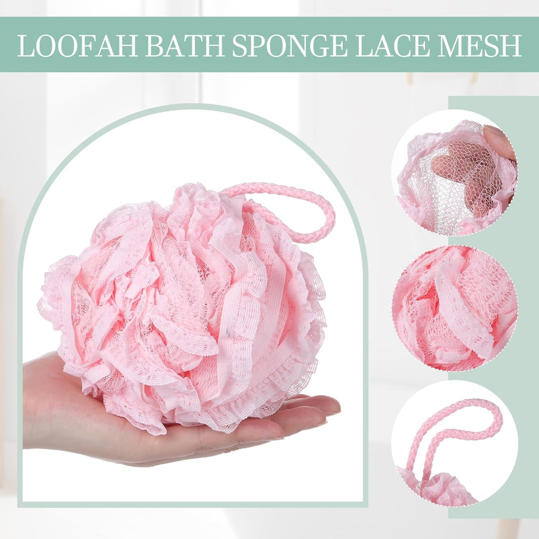 Sunnyray 4 Pack Loofah Bath Sponge Lace Mesh Set Large 60G Shower Poufs Body Scrubber Bath Loofah Ball Body Wash Sponge Exfoliating Scrubber Luffa Puff for Women Men Cleanse Skin Accessories