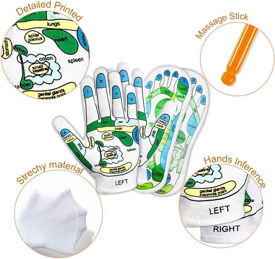 Acupressure Socks and Gloves - 4 Pcs Reflexology Socks with Tools, Tutorial Reflexology Gloves with Massage Sandal, Pain Relief Acupuncture Socks for Foot Massage (2 Rods)