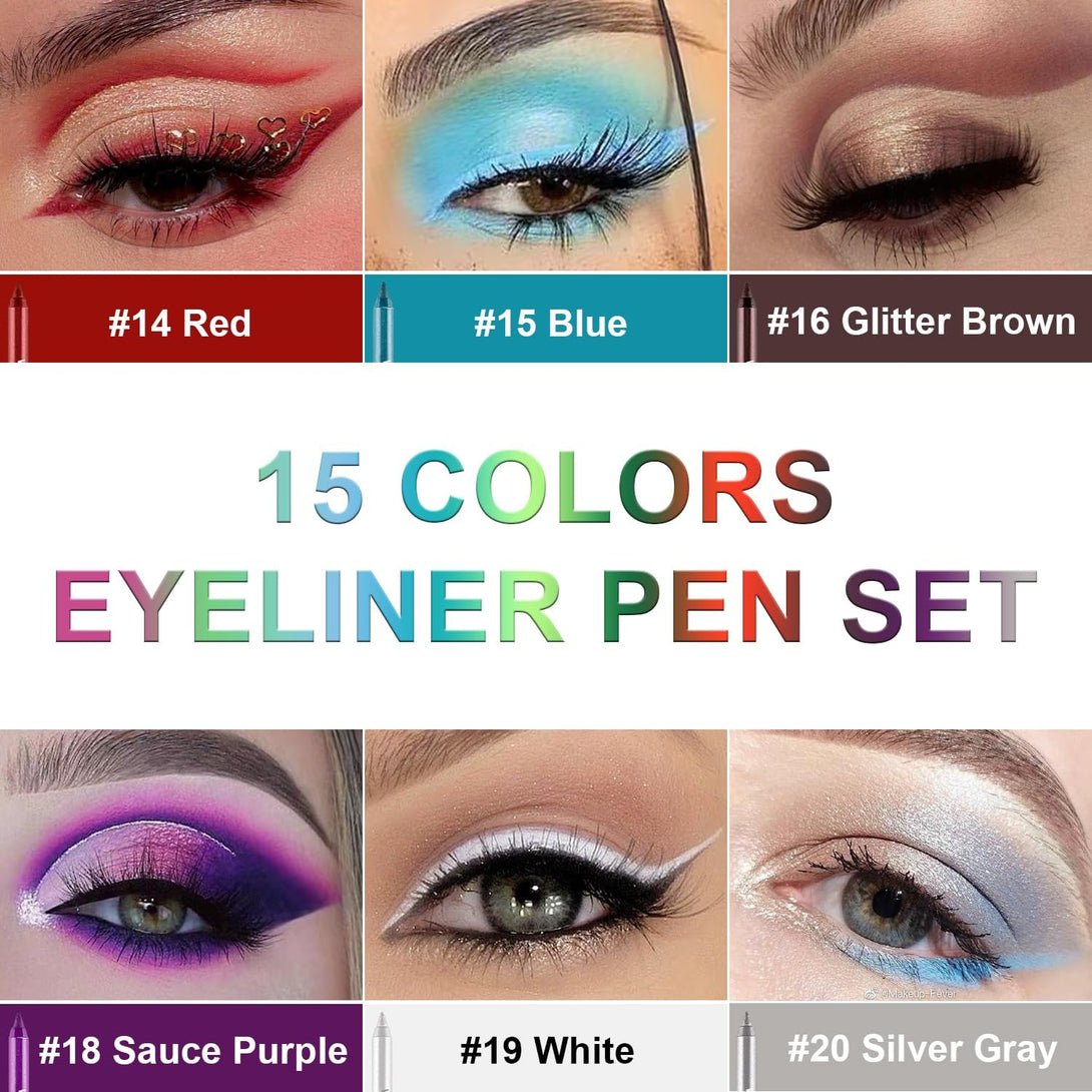 15 Colorful Eyeliner Pen Set, Eye Shadow Pencil, Pearl Eyeliner Kit Metallic Glitter Colored Eye Liner for Women Eye&Lip Liner Professional Waterproof Eye Makeup