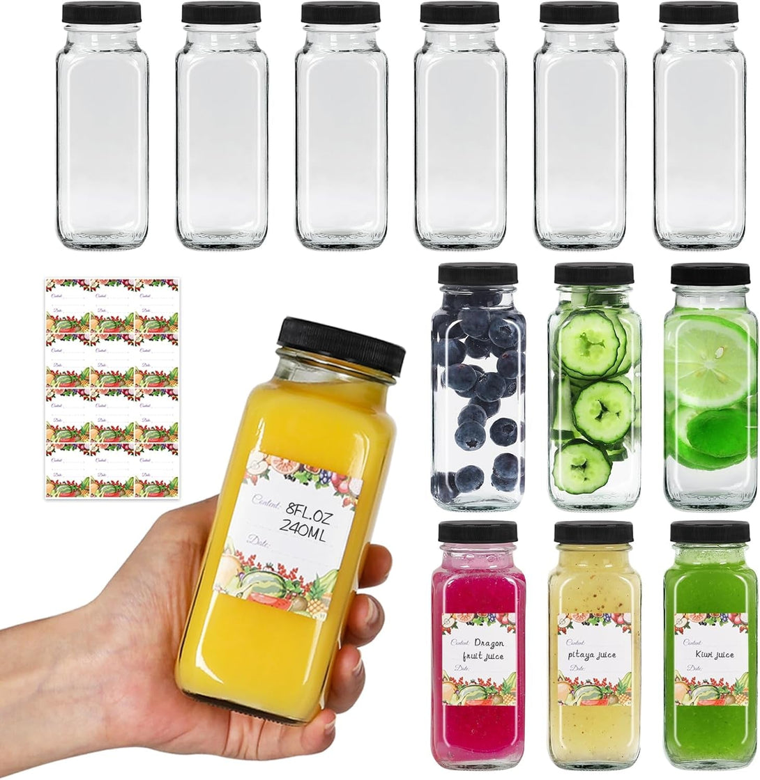 Alotpower 8 Oz Glass Bottles with Lids 12Pack, 240Ml Glass Bottles for Juicing, Water, Kombucha - Portable Glass Juice Bottles with Lids 8 Oz (8Fl.Oz, Set of 12)