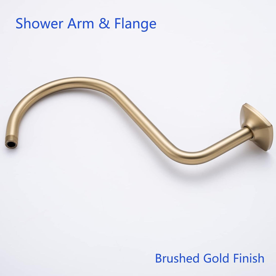 13 Inch High Rise S Shape Shower Extension Arm with Flange,Brushed Gold Shower Head Extender Arm Wall Mounted,Standard 1/2" Connection-Bathroom Accessory,Sw-91098-13Bg.