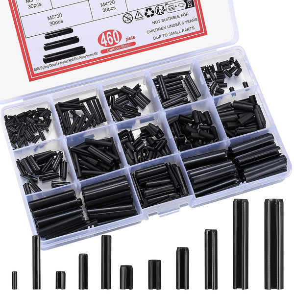 460 Pcs Roll Pin Assortment Set, Slotted Metric Spring Pins, Split Expansion Dowel Tension Roll Pins, Split Expansion Spring Steel Pin Set - M1.5/M2/M2.5/M3/M4/M5/M6