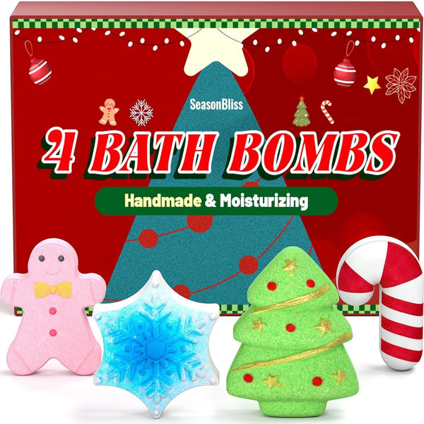 Bath Bombs Set, Shower Bombs, 4 PCS Handmade Bubble Bath with Gingerbread & Christmas Tree & Candy Cane & Snowflake, for Present Cute Women Boys and Girls